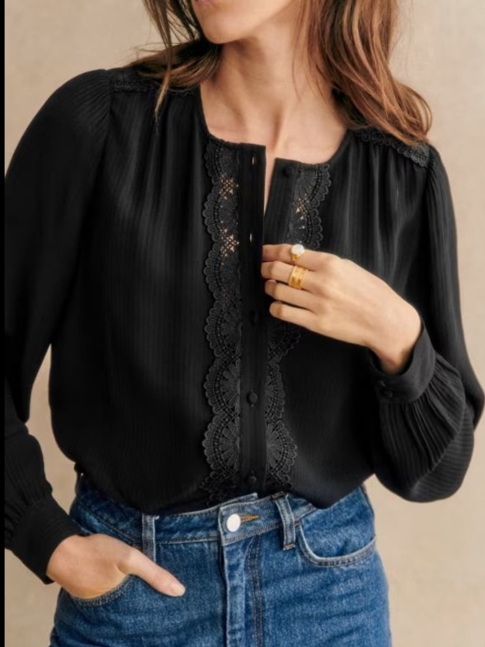 Sézane Karina Lace Trim Pleated Blouse Paris Chic Romantic Boho Black Top